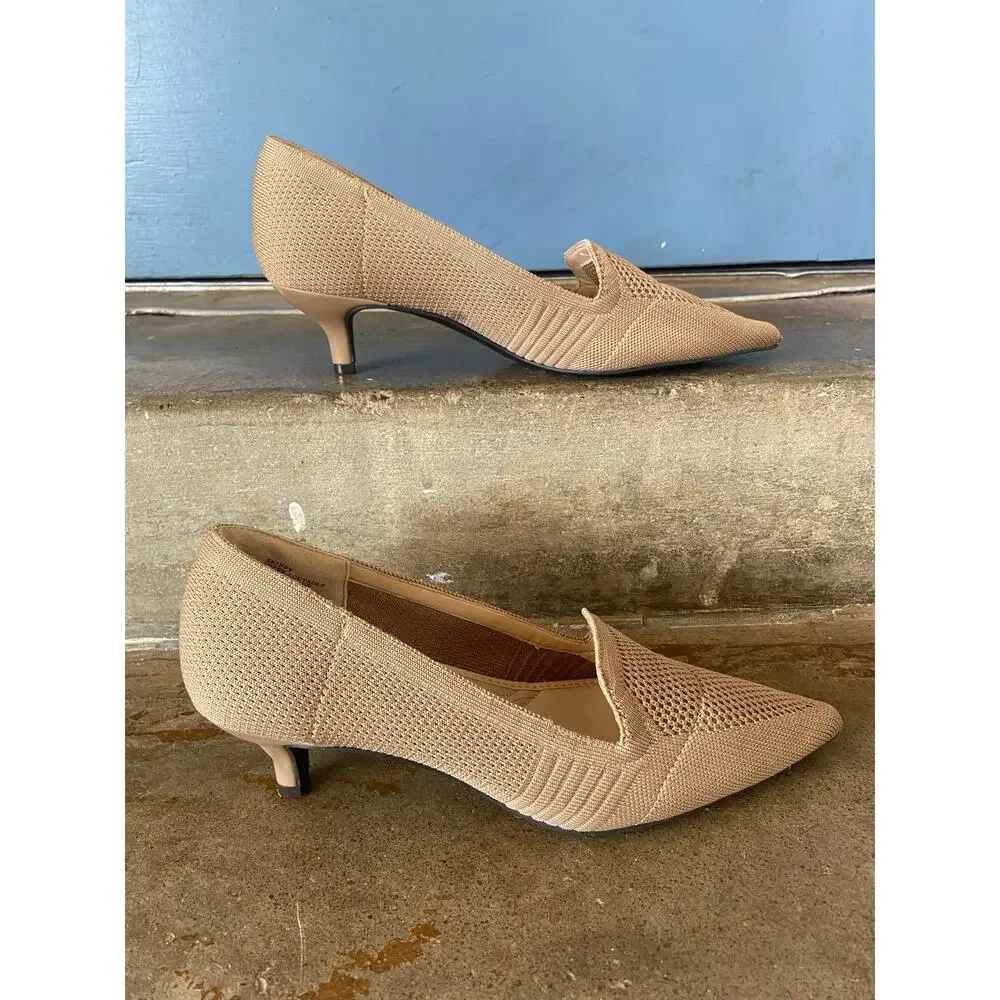 Adrienne Vittadini Skippy taupe knit upper pointy toe kitten heel pump